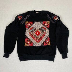 Vintage Made in USA Art Embroidered Quilted Jeweled Heart Paisley Sweatshirt